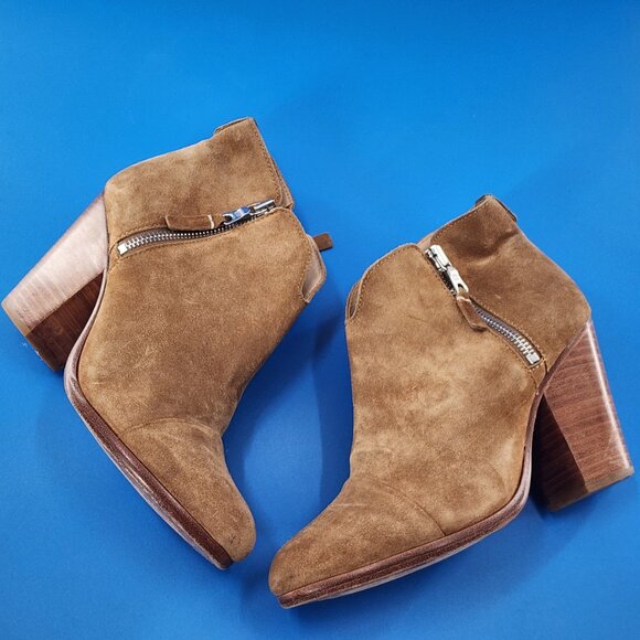 RAG & BONE Margot Tan Suede High Block Heel Ankle Bootie Double Zip - Picture 7 of 10